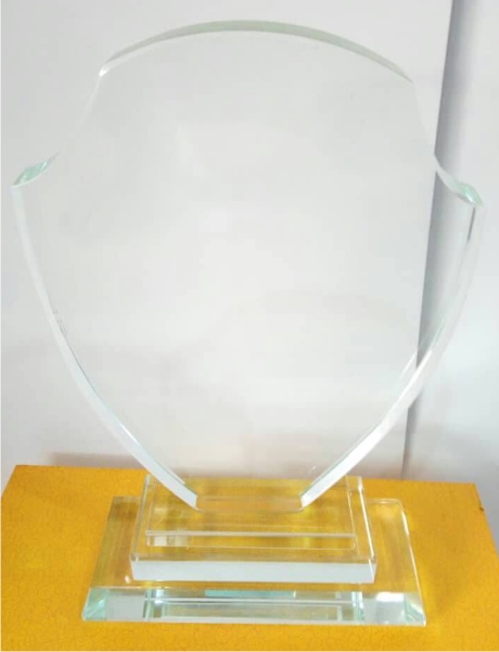 Curved top glass award plaque with black base